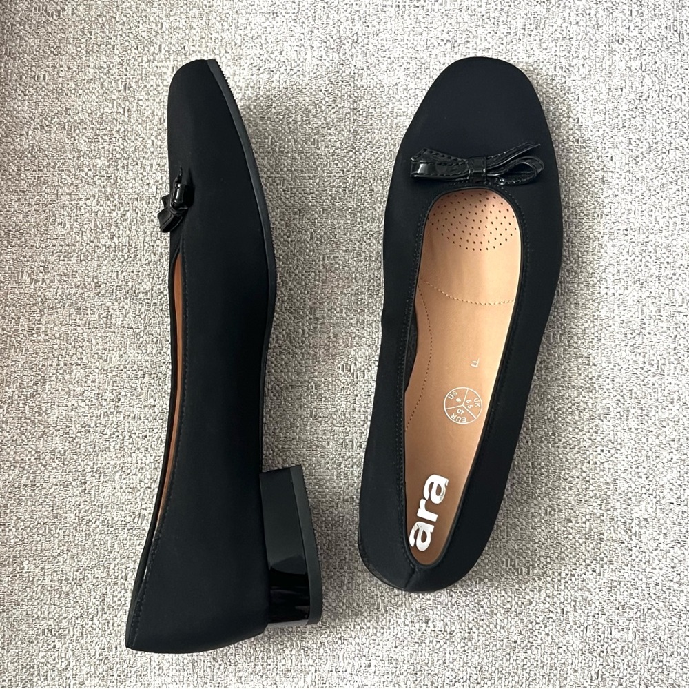 NEW ara Black Ballet Flats with Bow Trim Block Heel Size 9 Classic Cute Simple